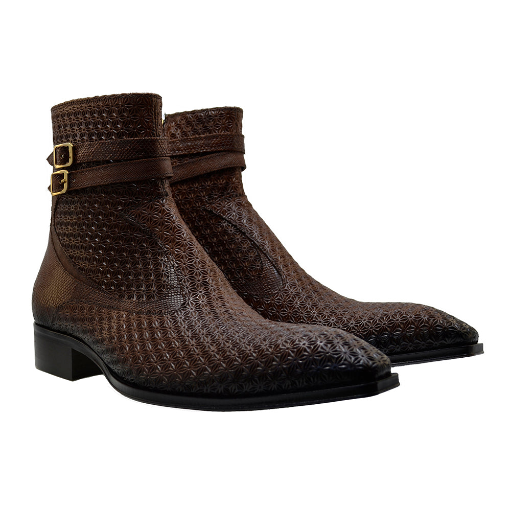 Italian Men's Shoes Jo Ghost 4766 Brown Mesh Print Star Leather Buckle Dress Ankle Boots