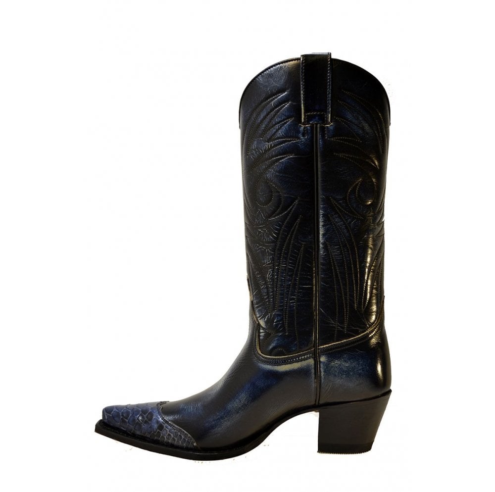 Sendra 6897P Blue Leather Blue Python Skin West Heel Classic Mid Calf Cowboy Boots