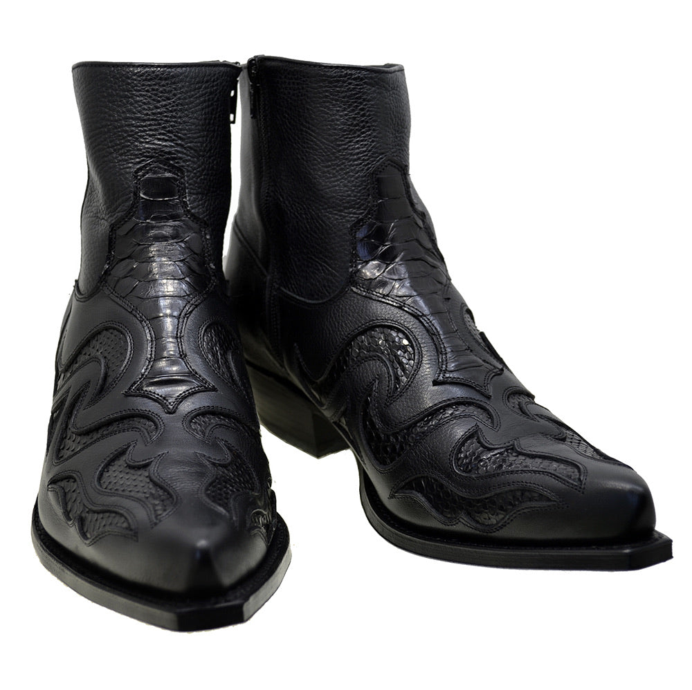 Sendra 7482P Black Leather Black Python Skin Ankle Cowboy Boots