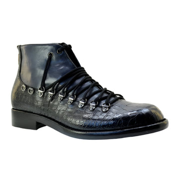 Men's Italian Boots Jo Ghost 1357 Black Print Crocodile Leather Hiker Ankle Boots