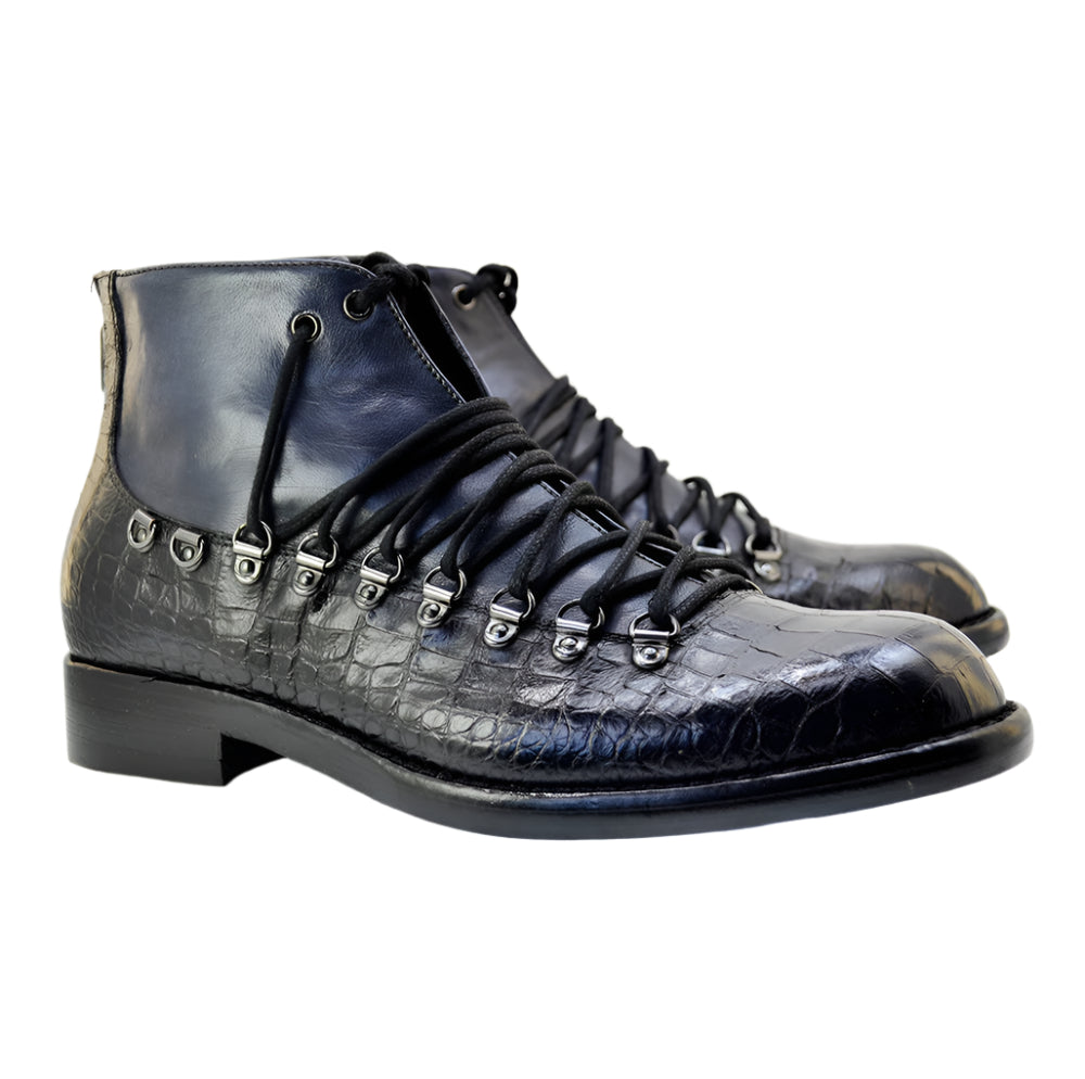 Men's Italian Boots Jo Ghost 1357 Black Print Crocodile Leather Hiker Ankle Boots