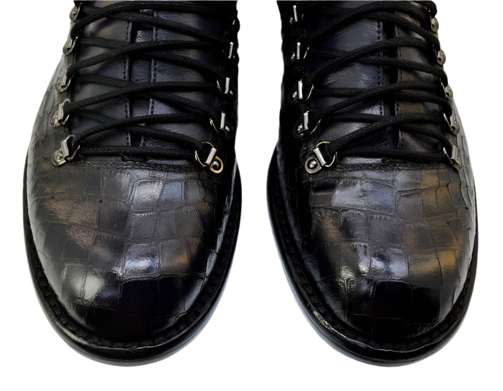 Men's Italian Boots Jo Ghost 1357 Black Print Crocodile Leather Hiker Ankle Boots