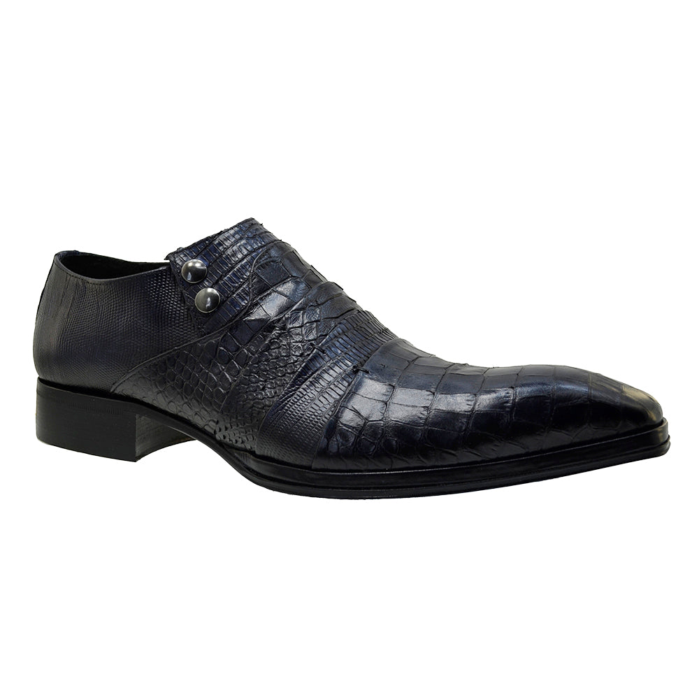 Italian Men's Shoes Jo Ghost 1831 Navy Blue Leather Print Crocodile Dress Shoes