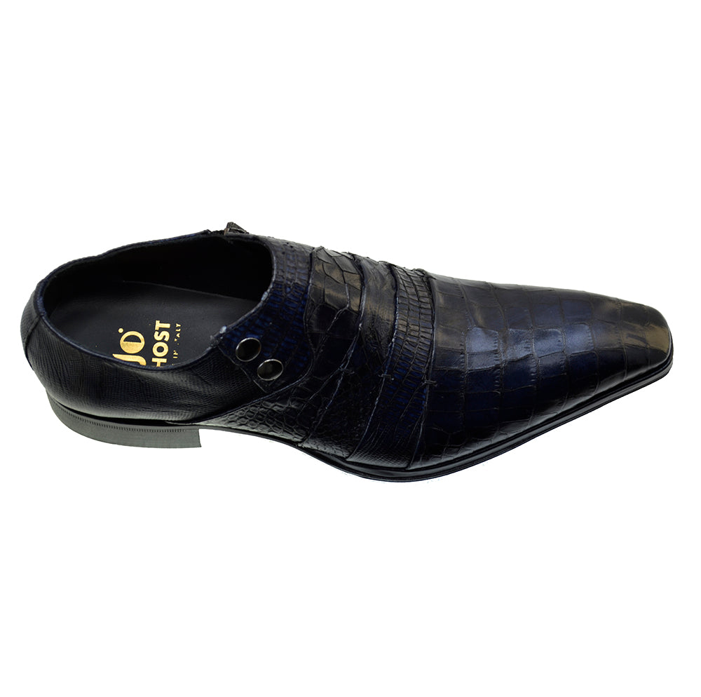 Italian Men's Shoes Jo Ghost 1831 Navy Blue Leather Print Crocodile Dress Shoes