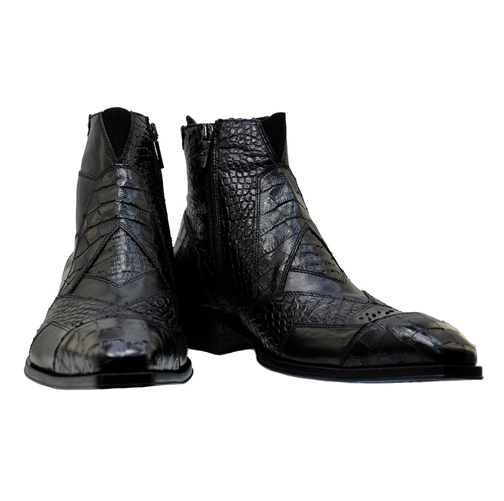 Italian Mens' Shoes Jo Ghost 2030 Black Leather Print Crocodile Dress Ankle Boots