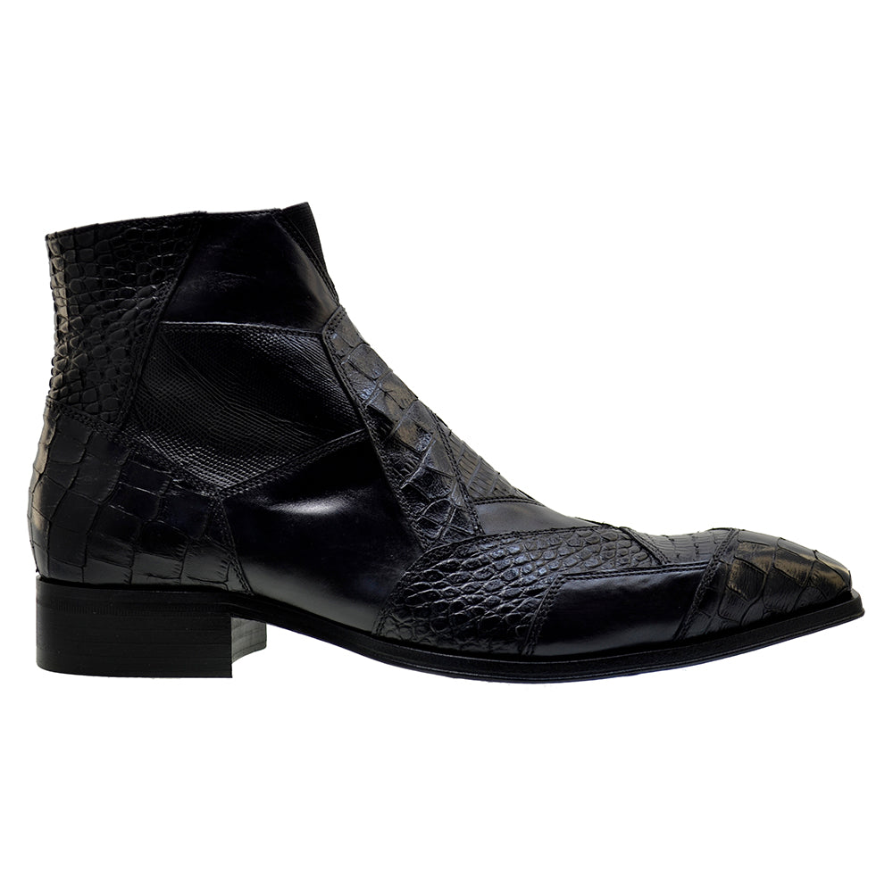 Italian Mens' Shoes Jo Ghost 2030 Black Leather Print Crocodile Dress Ankle Boots