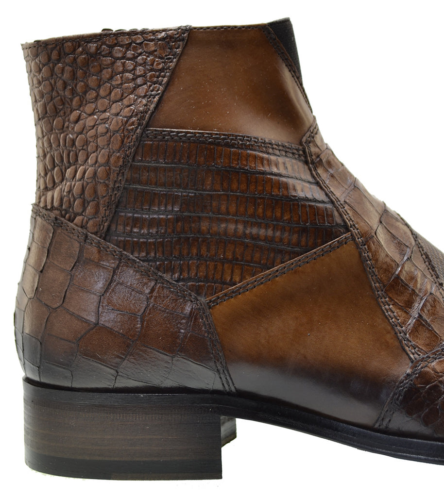 Italian Mens' Shoes Jo Ghost 2030 Brown Leather Print Crocodile Dress Ankle Boots
