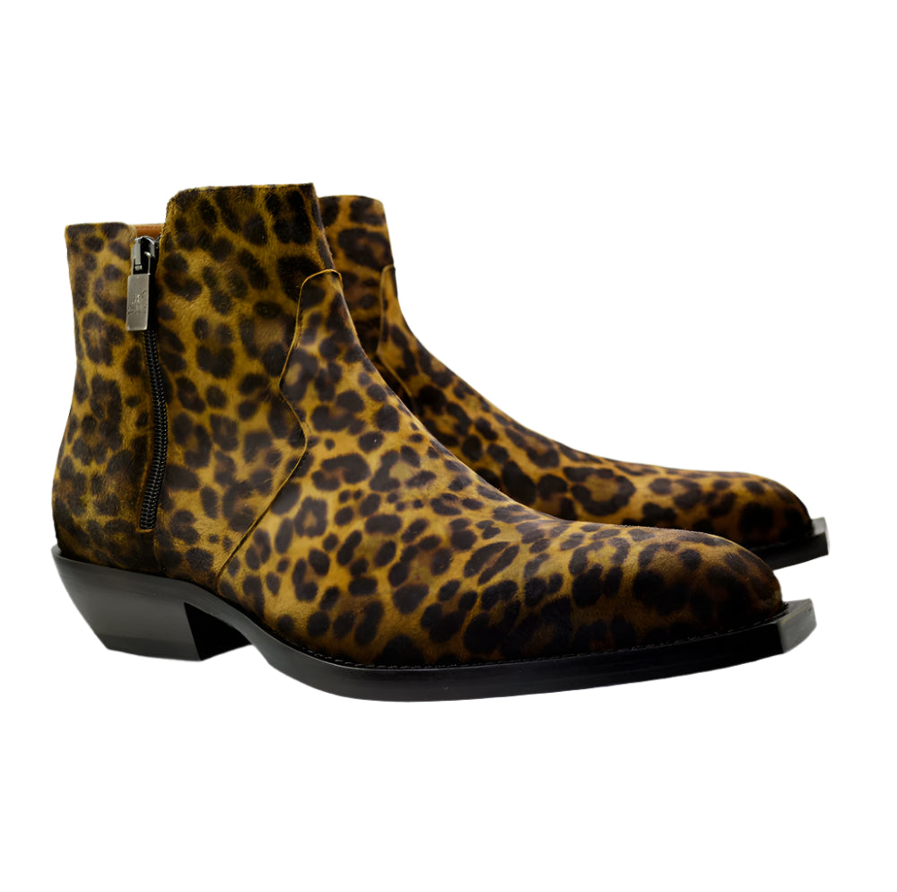 Men's Italian Boots Jo Ghost 2108 Print Leopard Leather Cuban Heel Ankle Boots