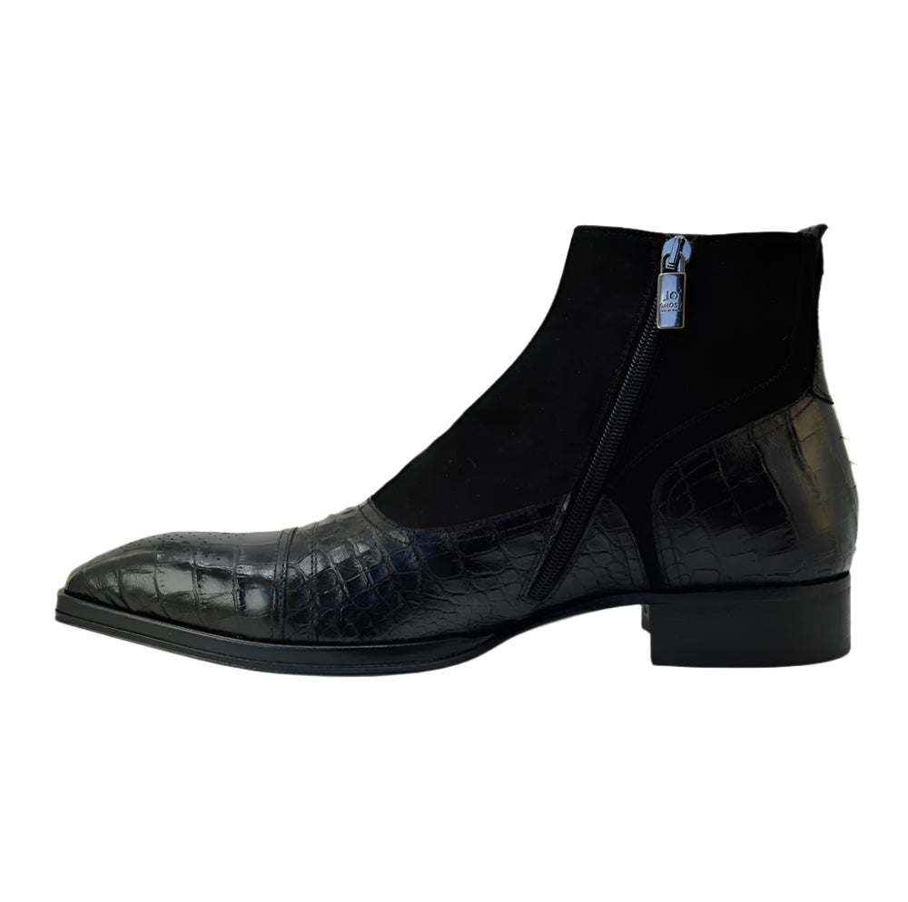 Men's Italian Boots Jo Ghost 2379 Black Print Crocodile Leather Dress Ankle Boots