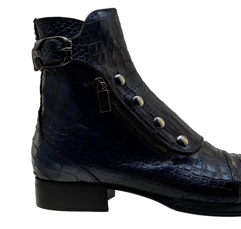Italian Men's Shoes 3206CR Blue Print Crocodile Leather Formal Ankle Zip Boots