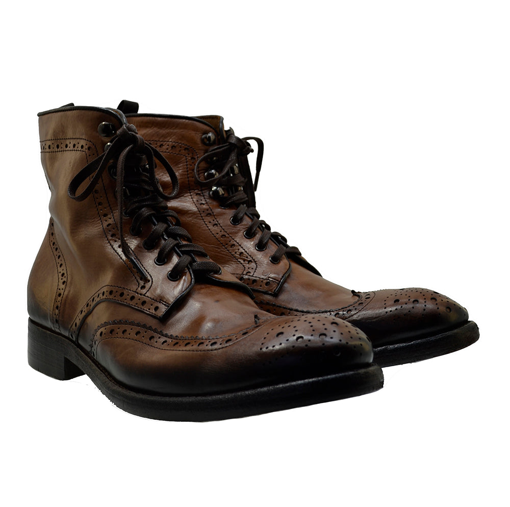 Italian Men's Shoes Jo Ghost 3292 Brown Leather Lace-up Vintage Brogues Ankle Boots