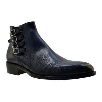 Men's Italian Shoes Jo Ghost 4757N Blue Leather Embroidery Buckle Ankle Boots