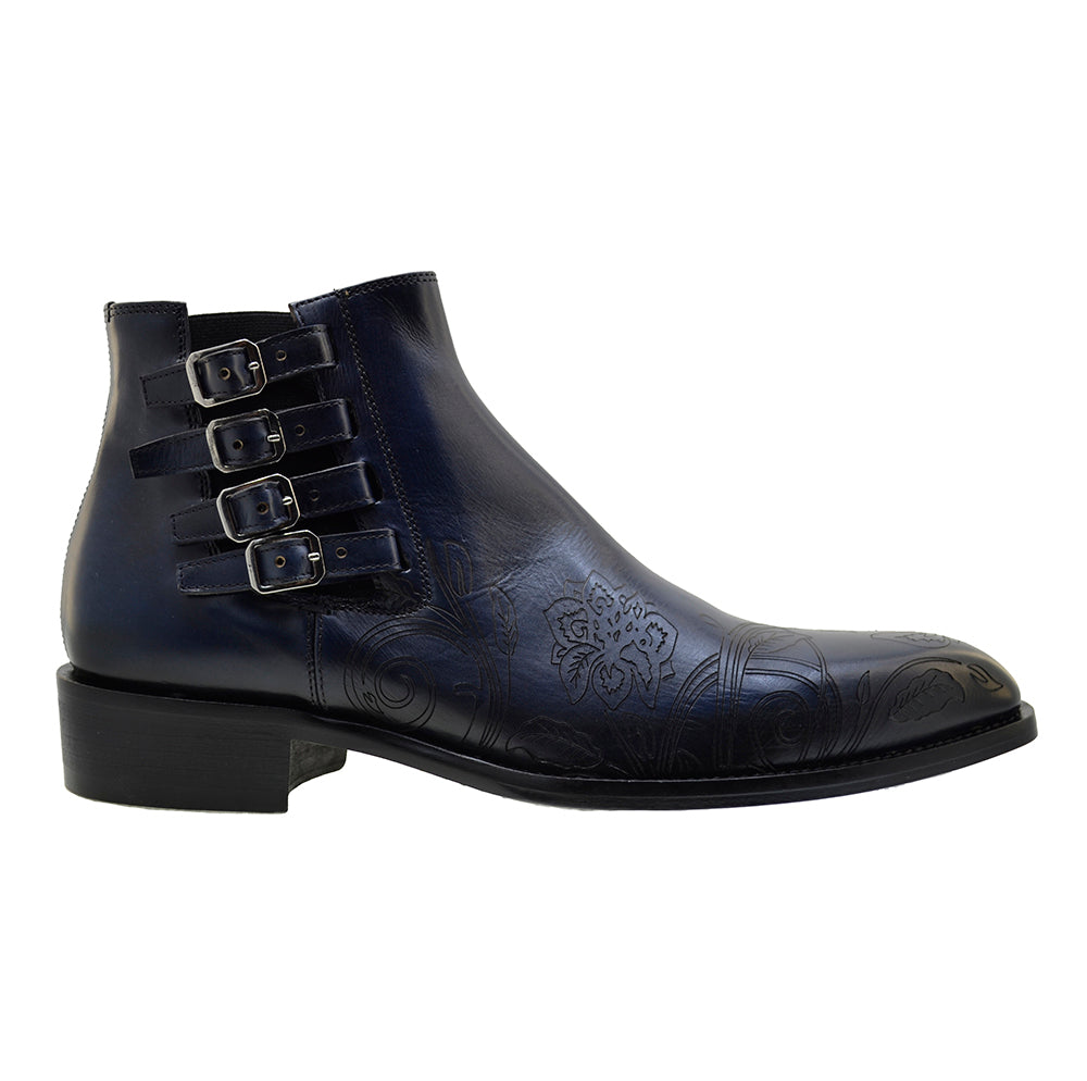 Men's Italian Shoes Jo Ghost 4757N Blue Leather Embroidery Buckle Ankle Boots