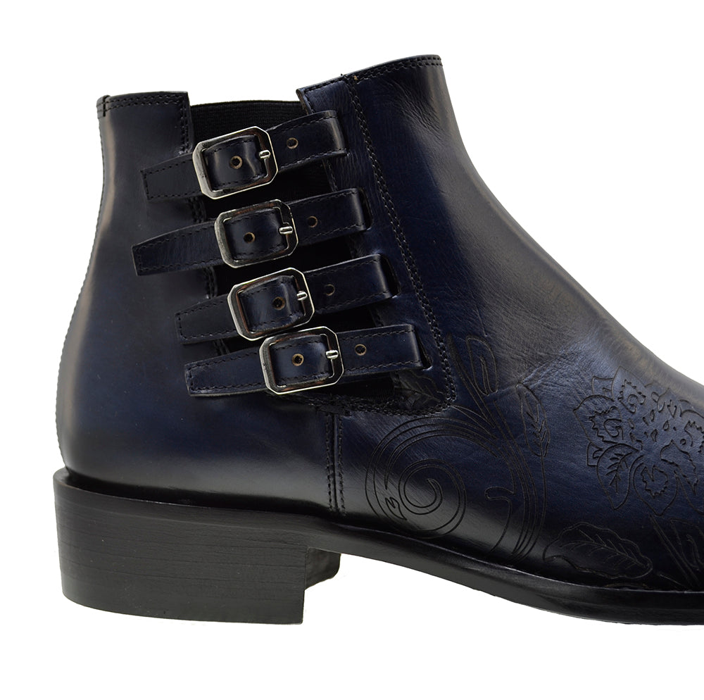Men's Italian Shoes Jo Ghost 4757N Blue Leather Embroidery Buckle Ankle Boots