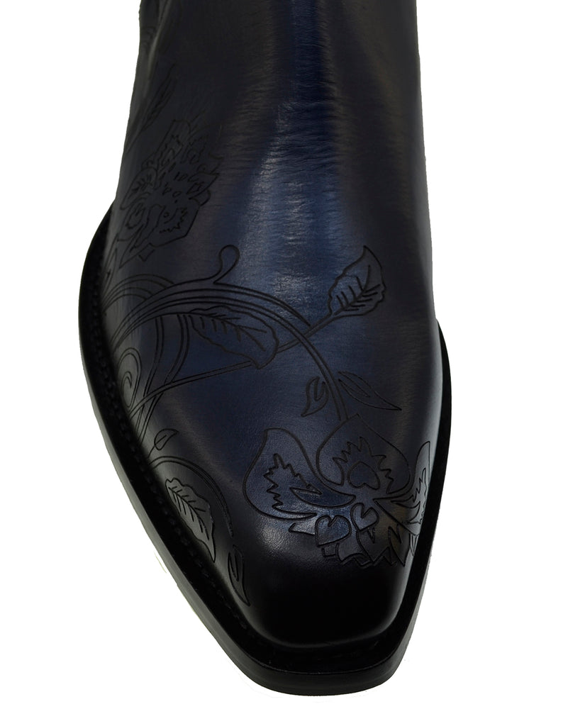Men's Italian Shoes Jo Ghost 4757N Blue Leather Embroidery Buckle Ankle Boots