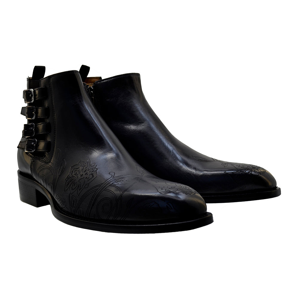 Men's Italian Shoes Jo Ghost 4757N Black Leather Embroidery  Buckle Ankle Boots
