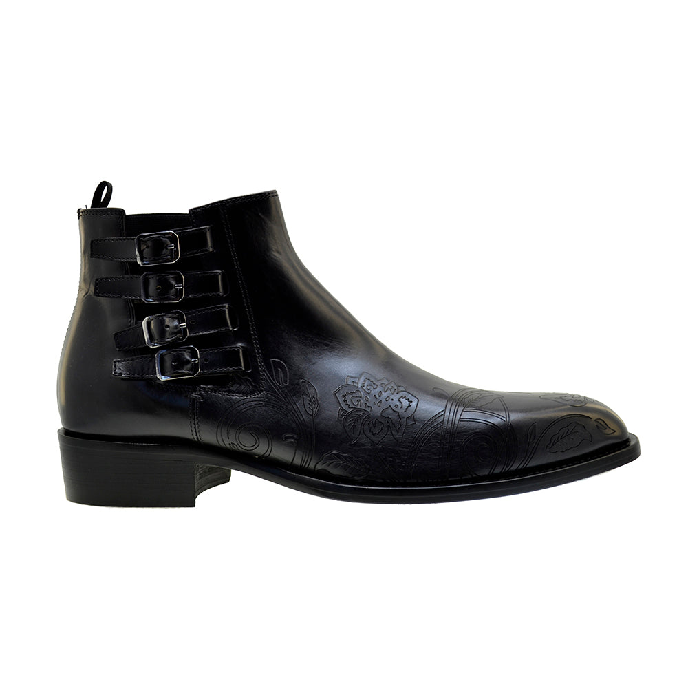 Men's Italian Shoes Jo Ghost 4757N Black Leather Embroidery  Buckle Ankle Boots