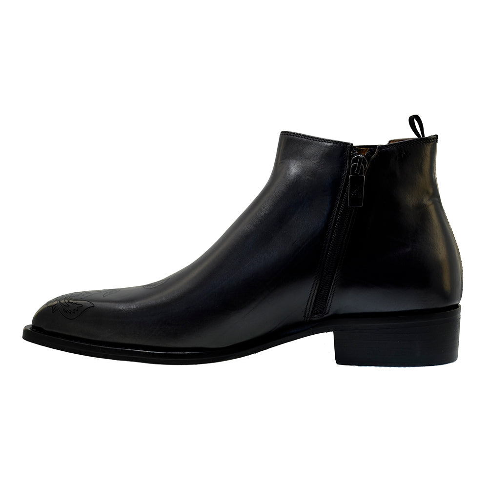 Men's Italian Shoes Jo Ghost 4757N Black Leather Embroidery  Buckle Ankle Boots