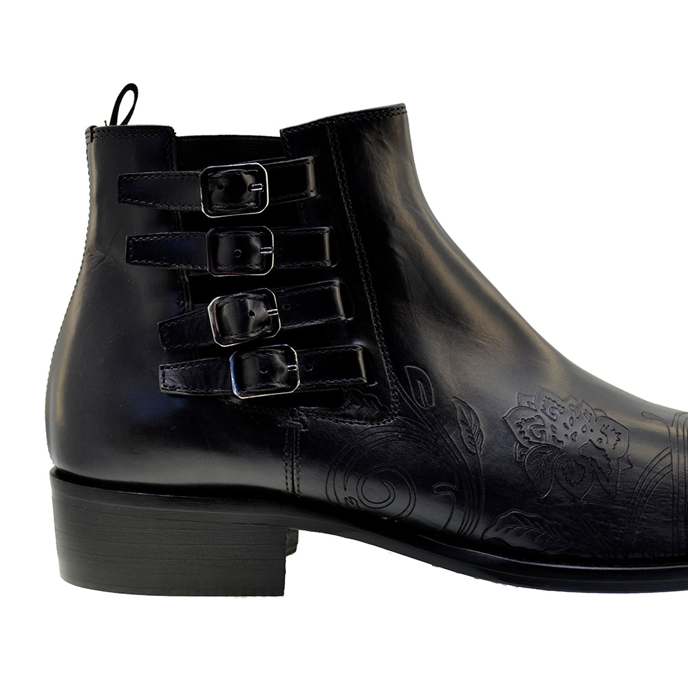 Men's Italian Shoes Jo Ghost 4757N Black Leather Embroidery  Buckle Ankle Boots