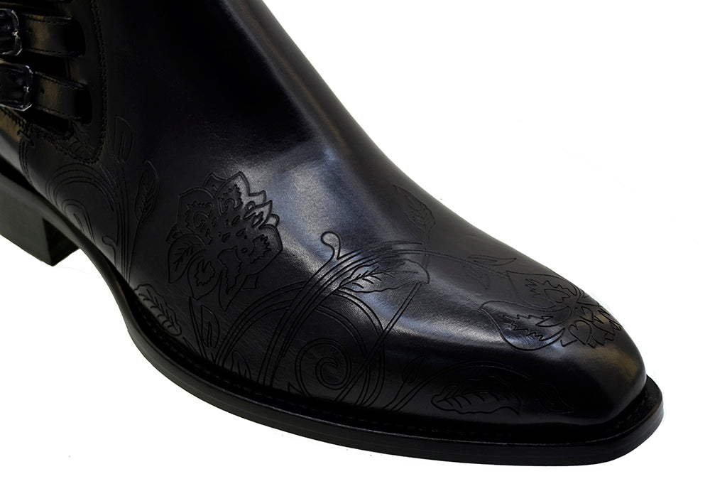 Men's Italian Shoes Jo Ghost 4757N Black Leather Embroidery  Buckle Ankle Boots
