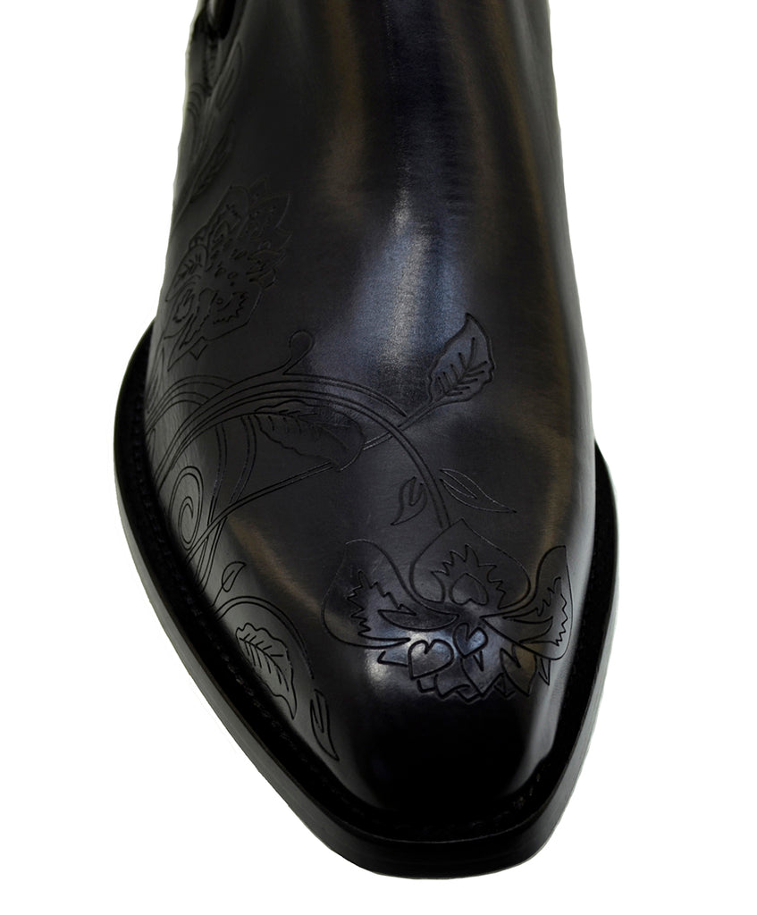 Men's Italian Shoes Jo Ghost 4757N Black Leather Embroidery  Buckle Ankle Boots