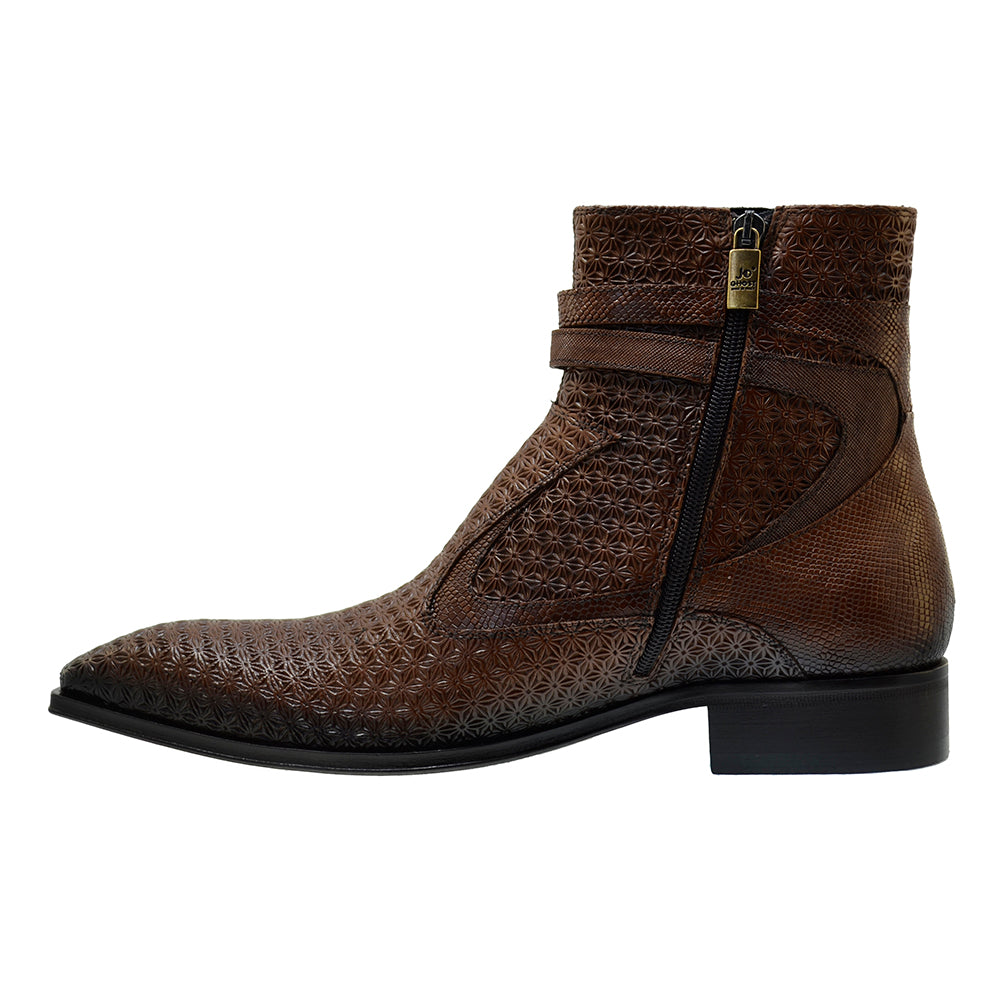 Italian Men's Shoes Jo Ghost 4766 Brown Mesh Print Star Leather Buckle Dress Ankle Boots