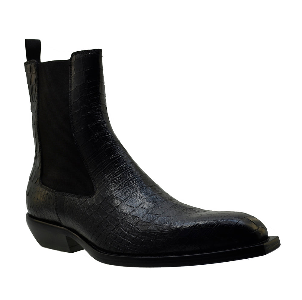 Italian Men's Shoes Jo Ghost 4768 Black Print Crocodile Cuban Heel Ankle Chelsea Boots
