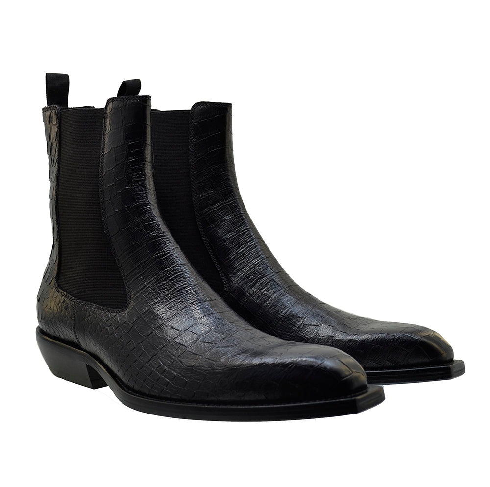 Men's Italian Shoes Jo Ghost 4768 Black Print Crocodile Leather Chelsea Boots