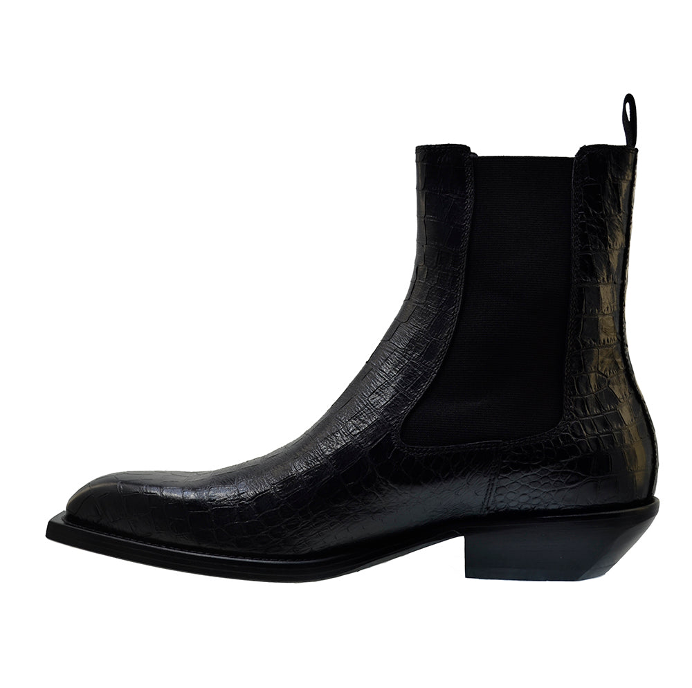 Italian Men's Shoes Jo Ghost 4768 Black Print Crocodile Cuban Heel Ankle Chelsea Boots