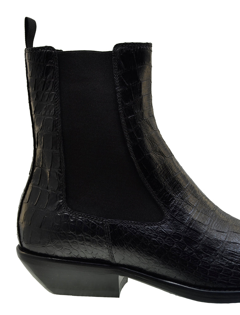 Italian Men's Shoes Jo Ghost 4768 Black Print Crocodile Cuban Heel Ankle Chelsea Boots