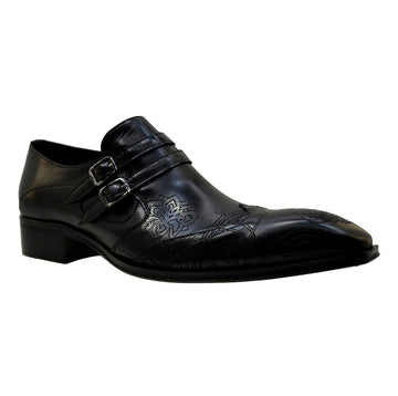 Men's Italian Shoes Jo Ghost 4952 Black Leather Embroidery Buckle Shoes