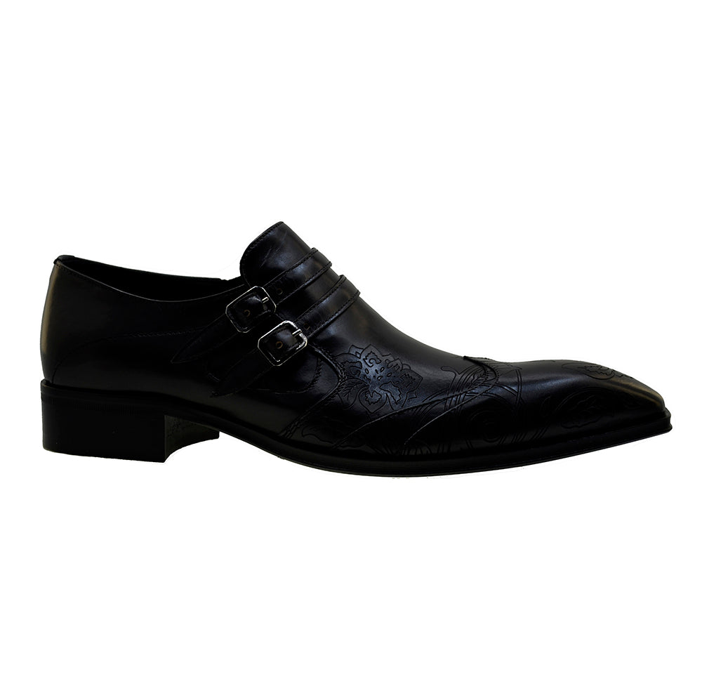 Men's Italian Shoes Jo Ghost 4952 Black Leather Embroidery Buckle Shoes