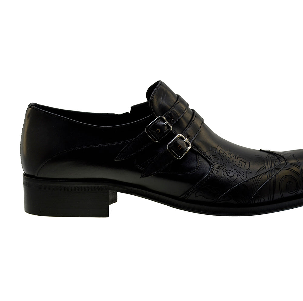 Men's Italian Shoes Jo Ghost 4952 Black Leather Embroidery Buckle Shoes