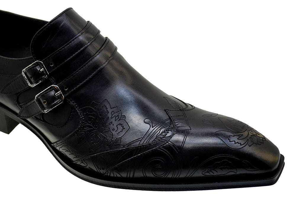 Men's Italian Shoes Jo Ghost 4952 Black Leather Embroidery Buckle Shoes