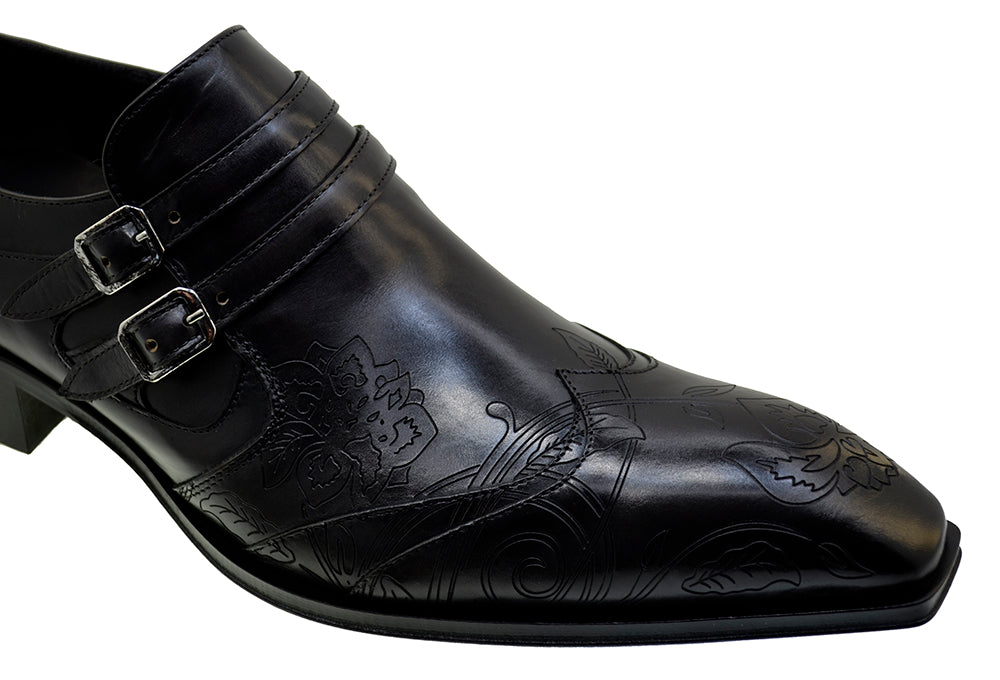 Italian Men's Shoes Jo Ghost 4952 Black Leather Embroidery Dress Buckle Shoes