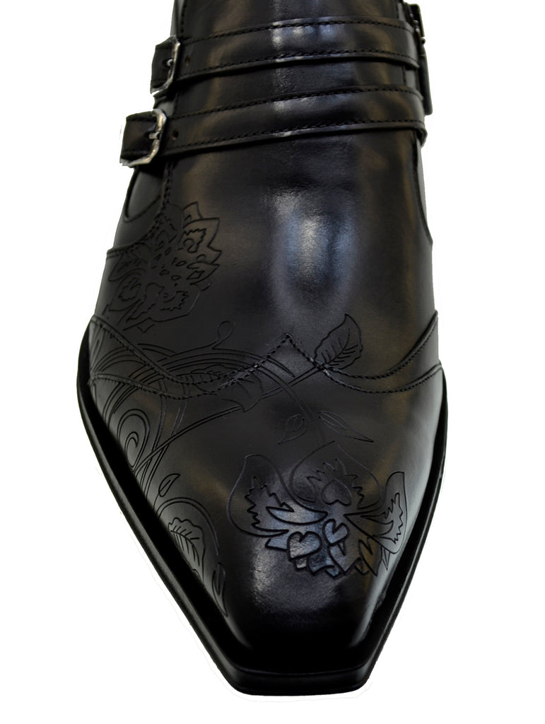 Men's Italian Shoes Jo Ghost 4952 Black Leather Embroidery Buckle Shoes