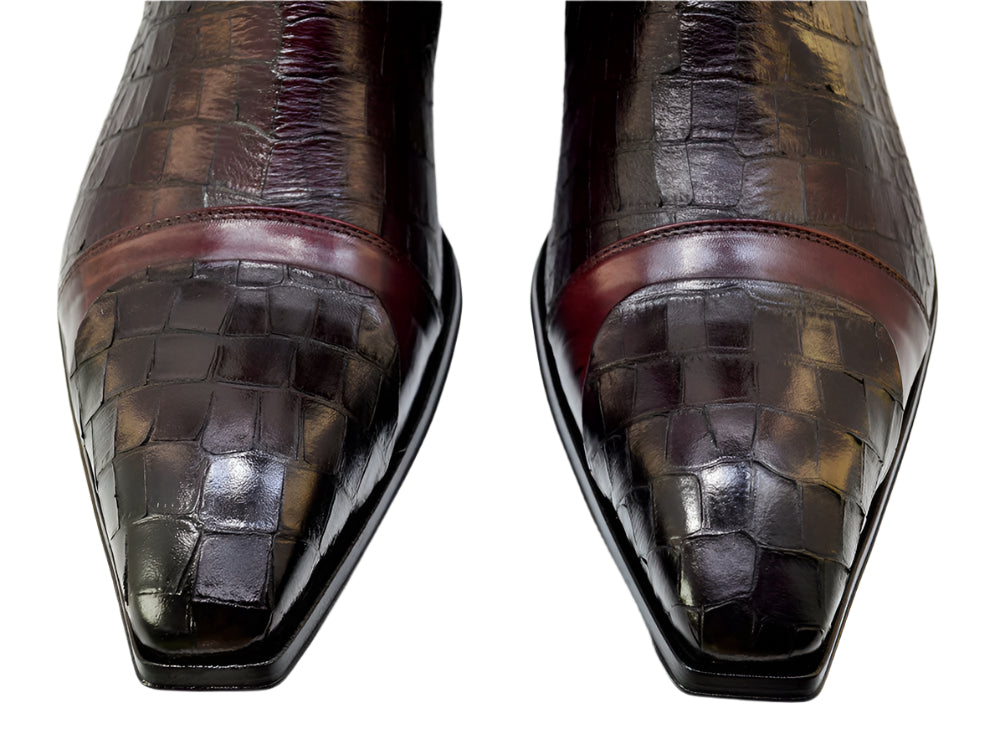 Men's Italian Boots 5252 Burgundy Print Crocodile Leather Dress Ankle Boots