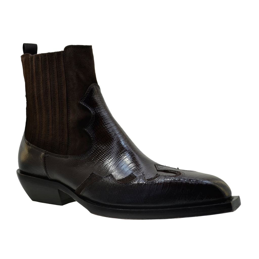 Men's Italian Boots Jo Ghost 5370 Cognac Suede Print Lizard Leather Western Ankle Boots