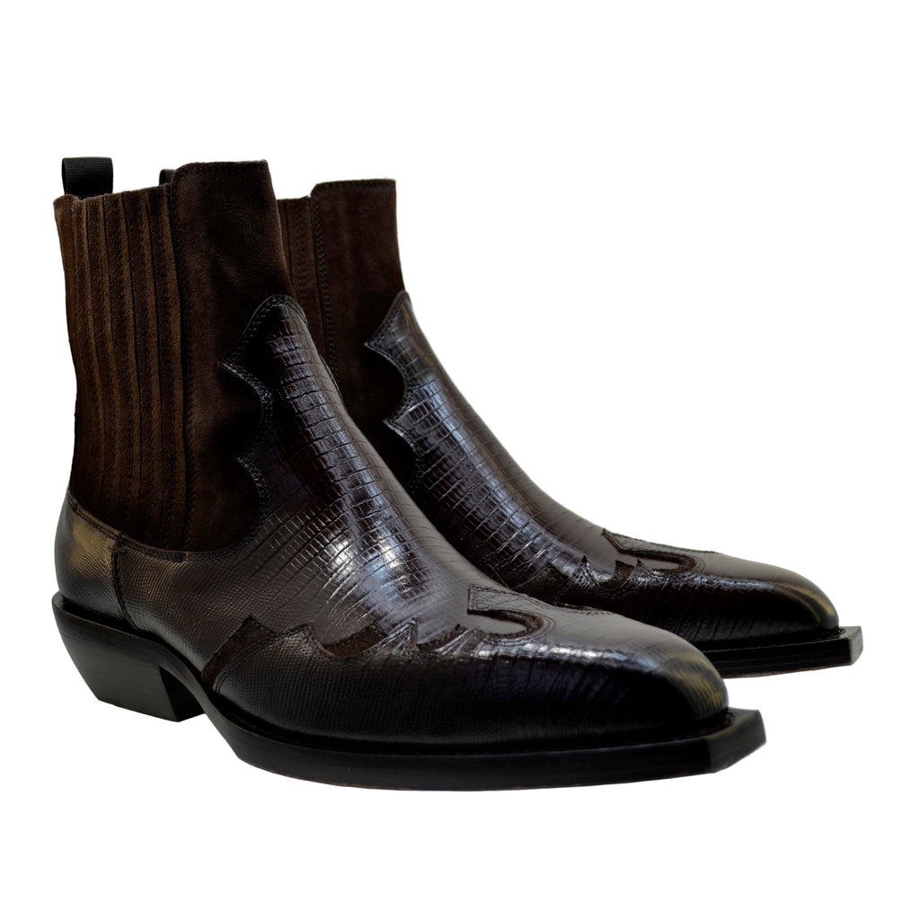 Men's Italian Boots Jo Ghost 5370 Cognac Suede Print Lizard Leather Western Ankle Boots