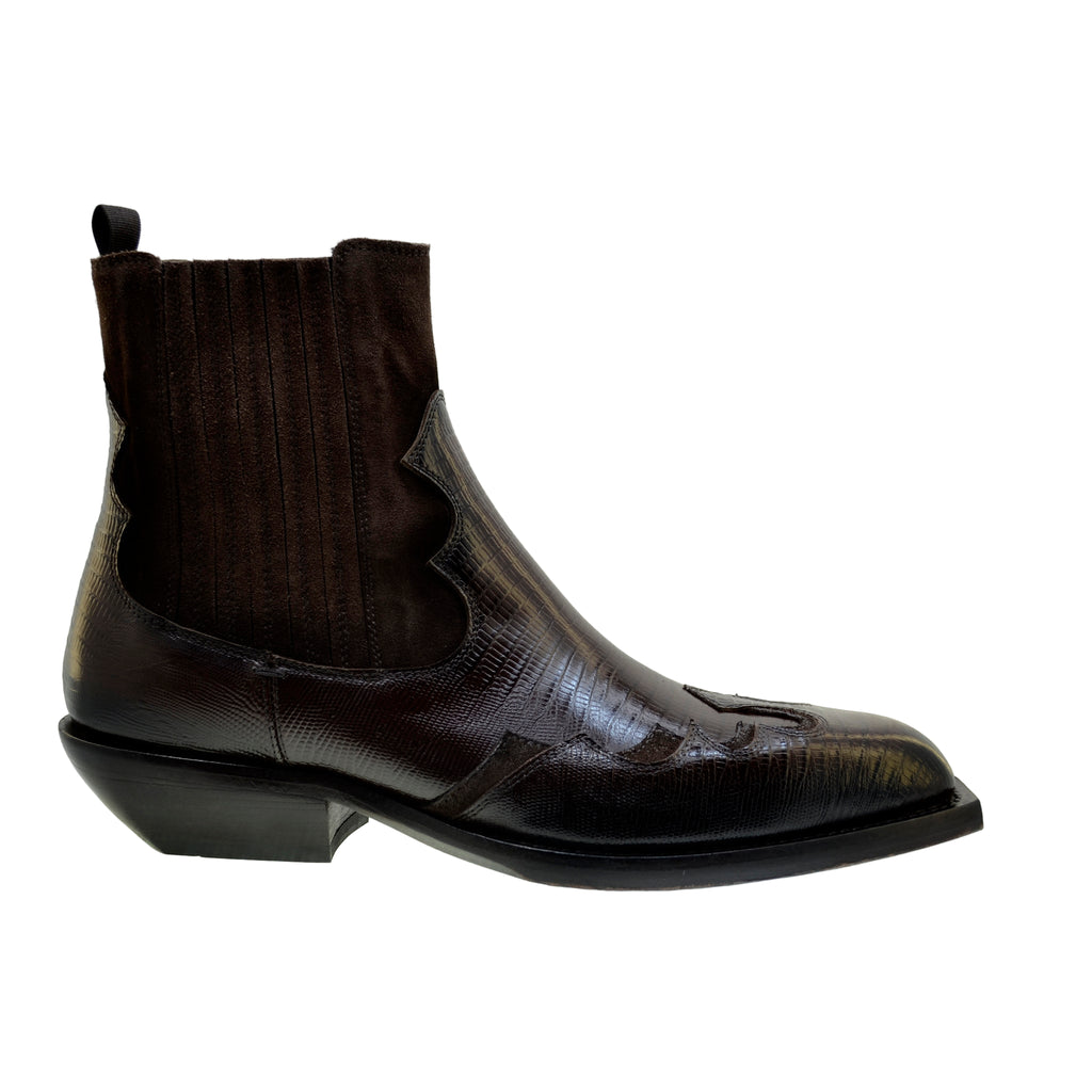 Men's Italian Boots Jo Ghost 5370 Cognac Suede Print Lizard Leather Western Ankle Boots