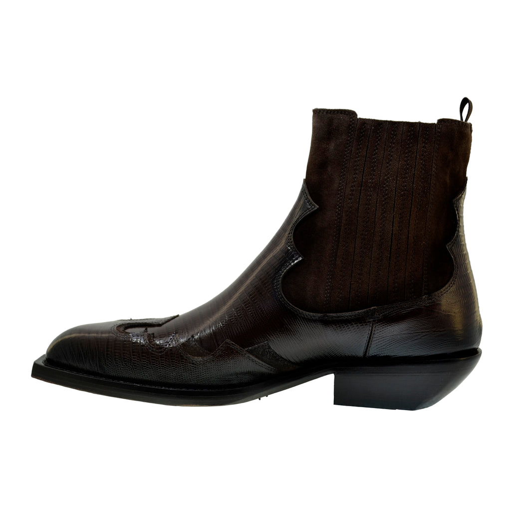 Men's Italian Boots Jo Ghost 5370 Cognac Suede Print Lizard Leather Western Ankle Boots