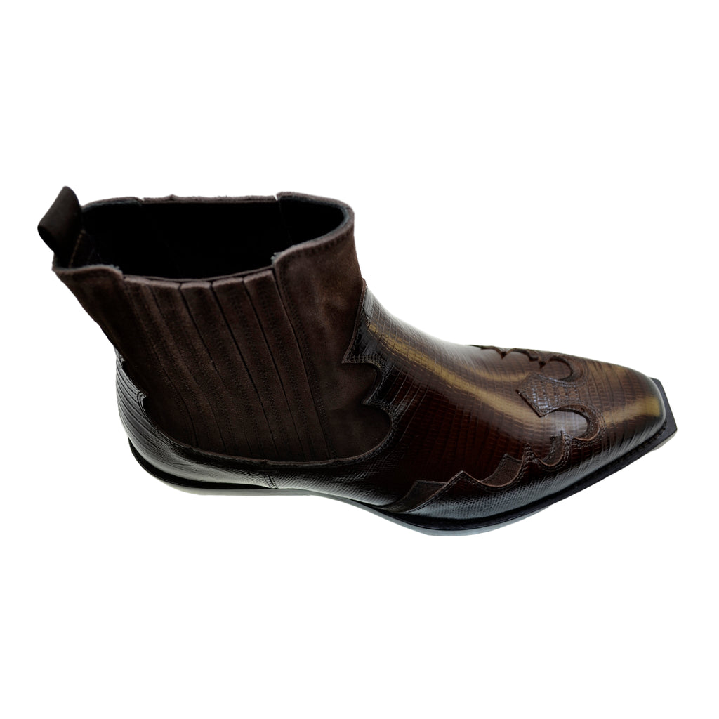 Men's Italian Boots Jo Ghost 5370 Cognac Suede Print Lizard Leather Western Ankle Boots