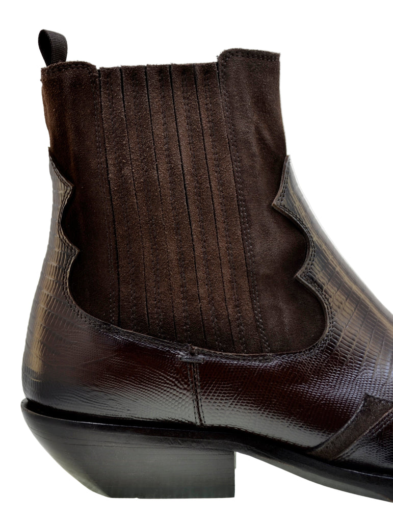 Men's Italian Boots Jo Ghost 5370 Cognac Suede Print Lizard Leather Western Ankle Boots