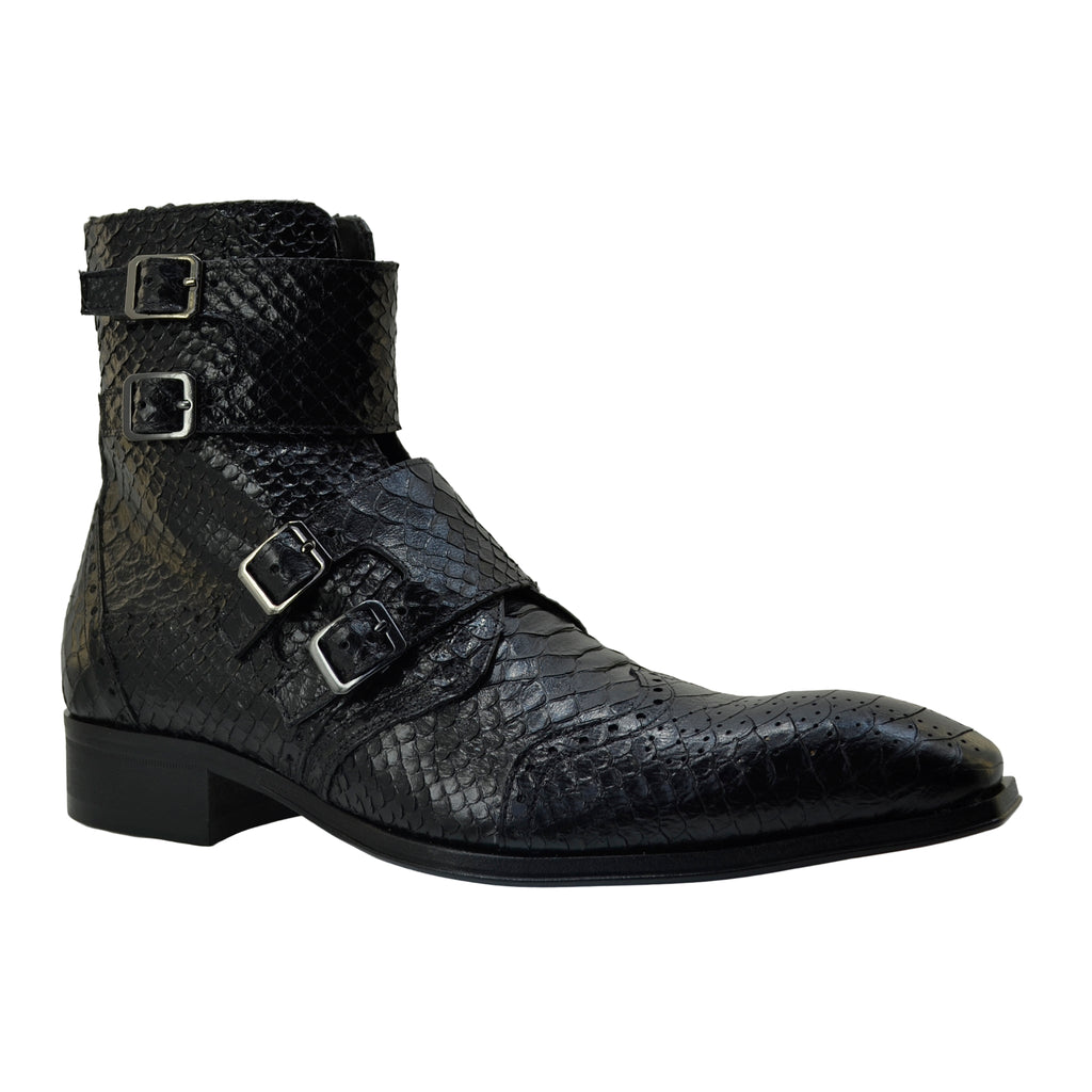 Men's Italian Boots Jo Ghost 5611 Black Print Python Leather Ankle Buckle Boots