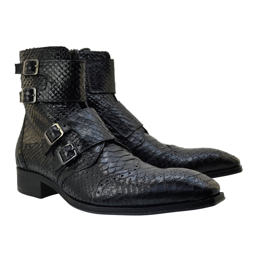Men's Italian Boots Jo Ghost 5611 Black Print Python Leather Ankle Buckle Boots