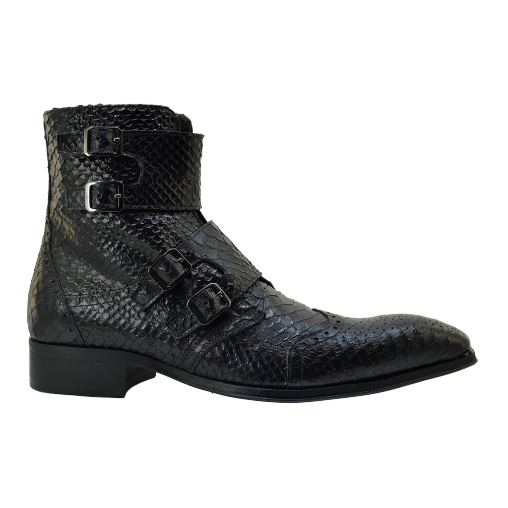 Men's Italian Boots Jo Ghost 5611 Black Print Python Leather Ankle Buckle Boots