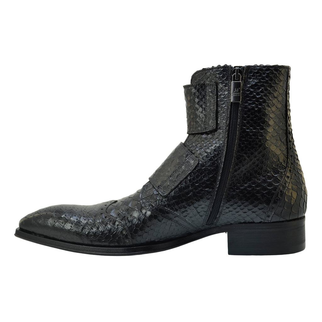 Men's Italian Boots Jo Ghost 5611 Black Print Python Leather Ankle Buckle Boots