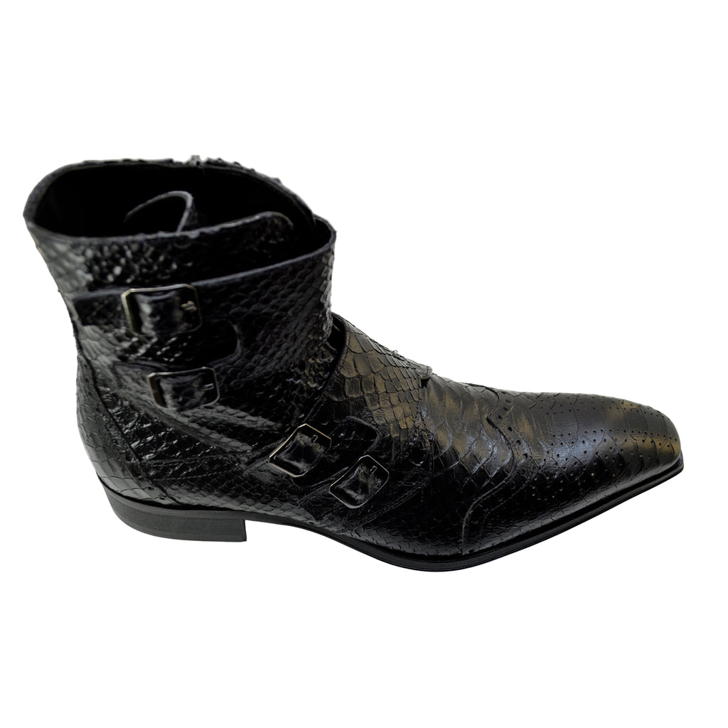 Men's Italian Boots Jo Ghost 5611 Black Print Python Leather Ankle Buckle Boots