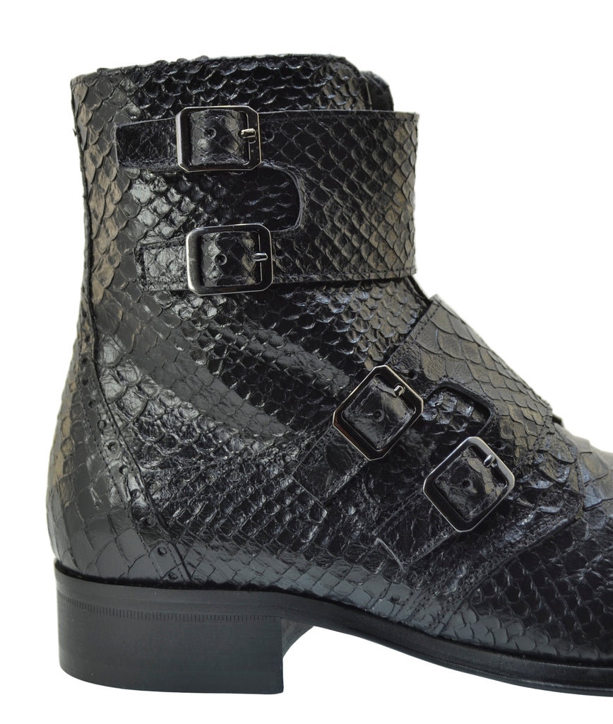 Men's Italian Boots Jo Ghost 5611 Black Print Python Leather Ankle Buckle Boots