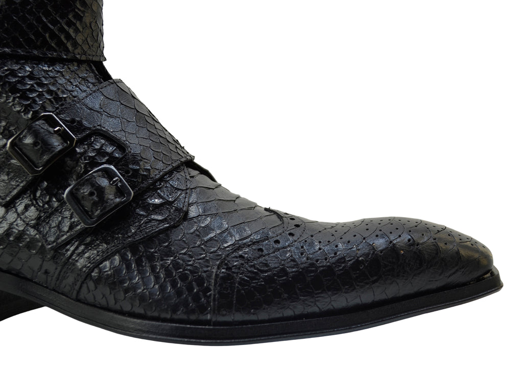 Men's Italian Boots Jo Ghost 5611 Black Print Python Leather Ankle Buckle Boots